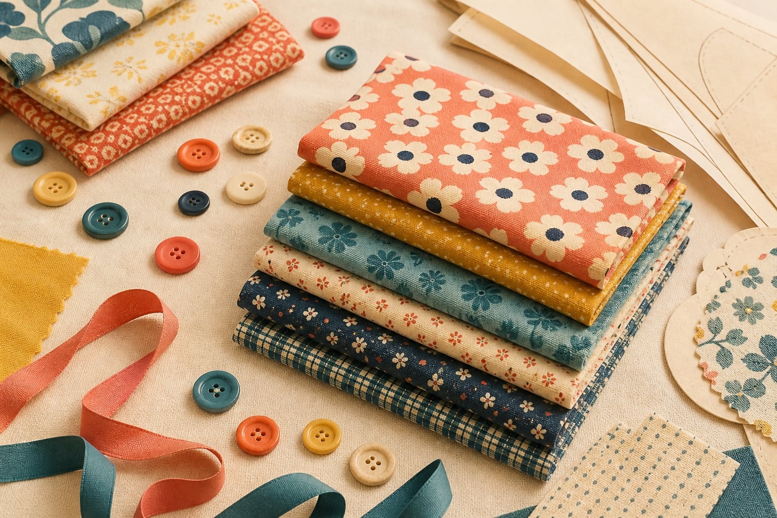 Retro-inspired fabric swatches and notions arranged as an editorial catalog study