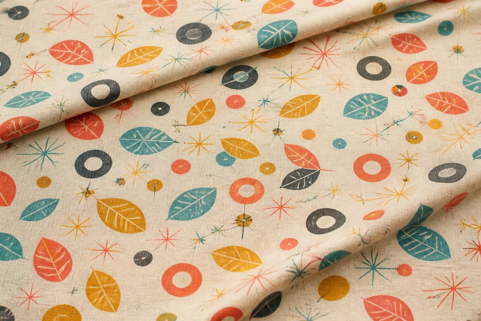 Anonymous curved paper and textile shapes arranged like a colorful quilt study